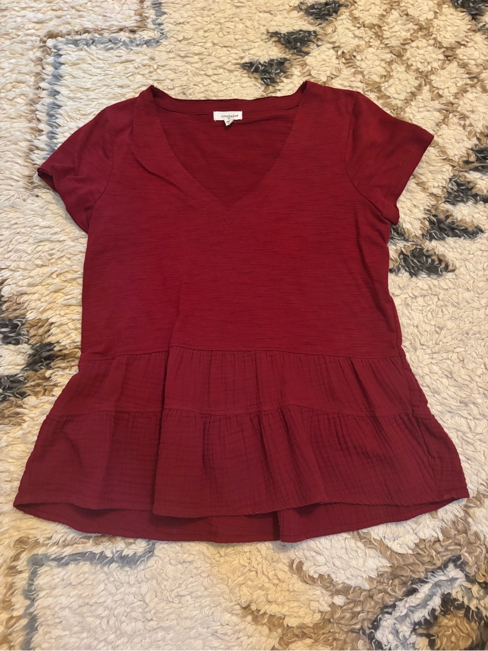 Eyeshadow Women's V-Neck Peplum Top - Burgundy